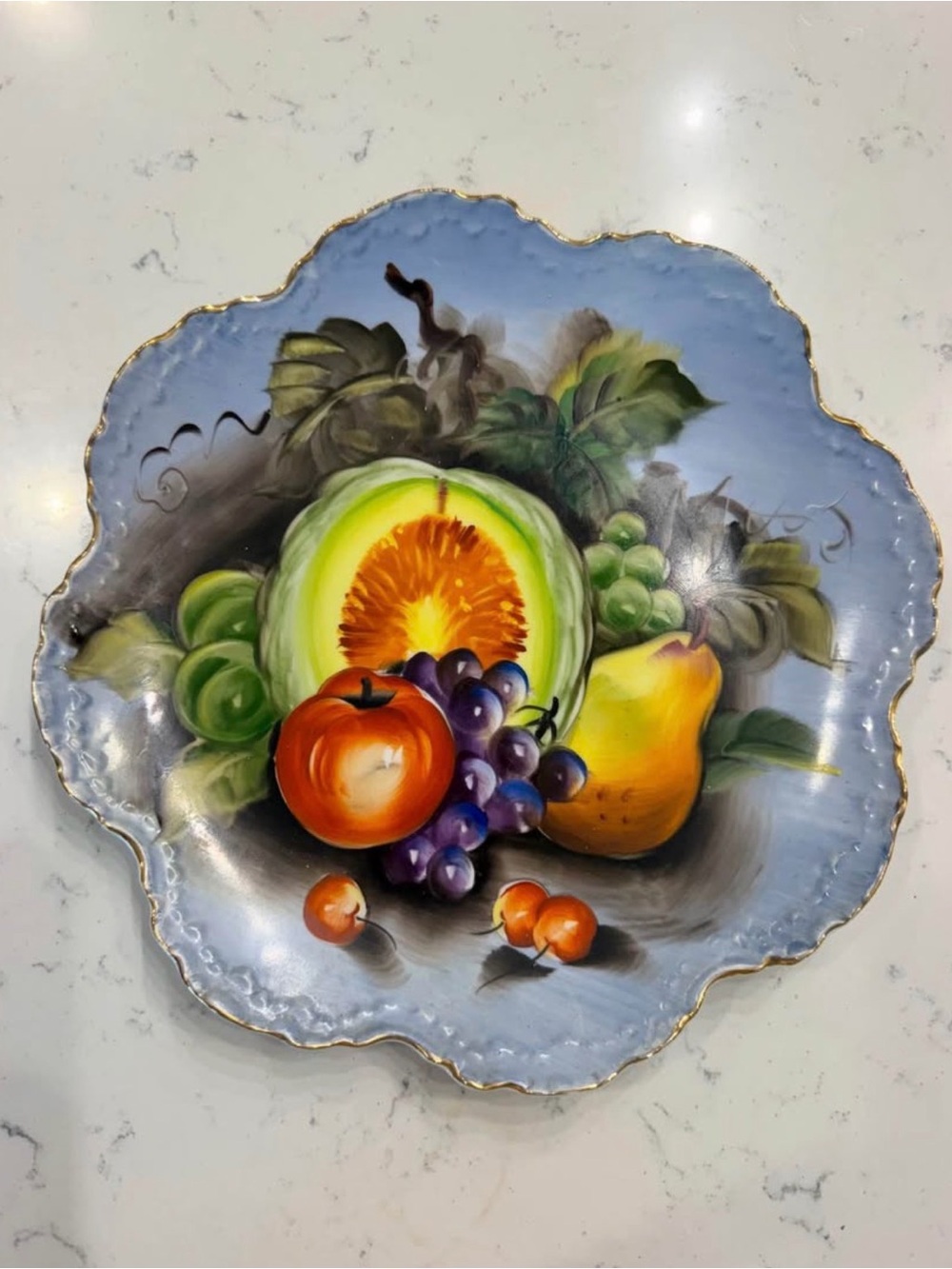 Lefton China - Hand-Painted Fruit Decorative Plate in Blue with Gold Trim
